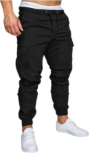 Cargo Pants for Men Regular Fit Drawstring Slacks Tapered Cotton Elastic Waist Multi Pockets Solid Sweatpants