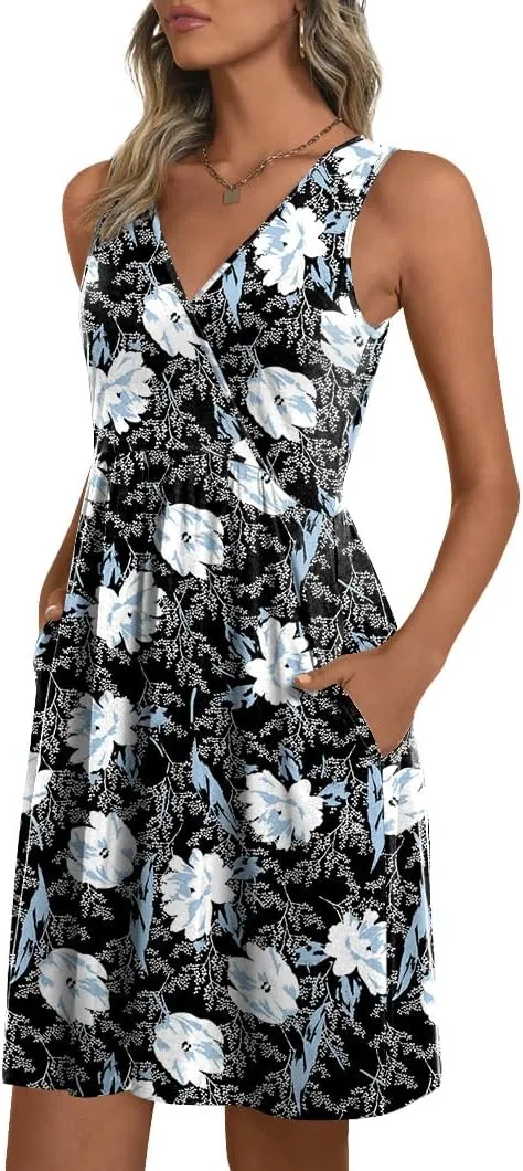 CATHY 2025 Womens Sexy Wrap Dress Sleeveless Summer V Neck Cover Ups Dresses Casual Sundress with Pockets S-2XL