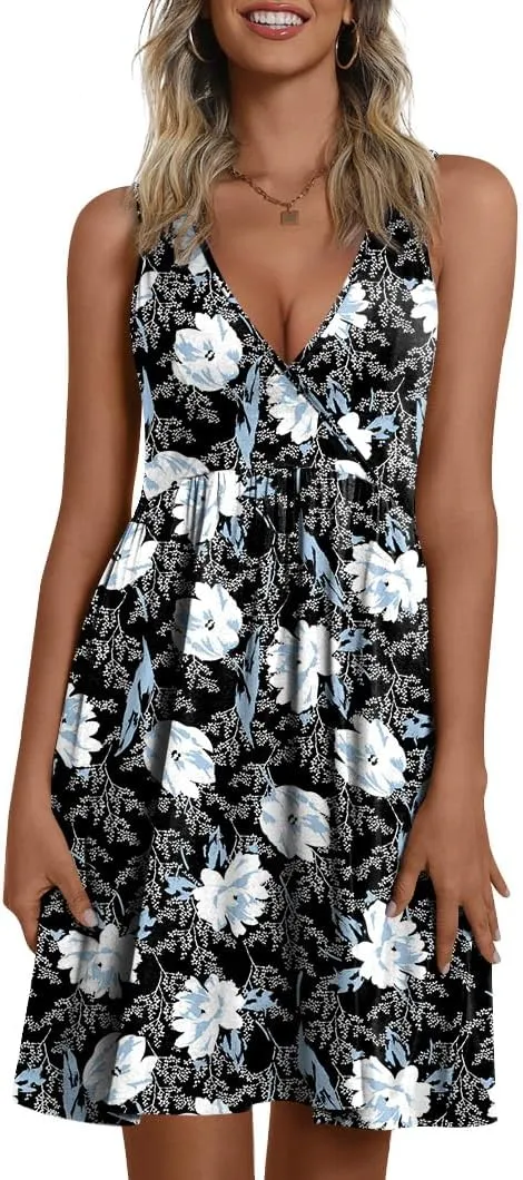 CATHY 2025 Womens Sexy Wrap Dress Sleeveless Summer V Neck Cover Ups Dresses Casual Sundress with Pockets S-2XL