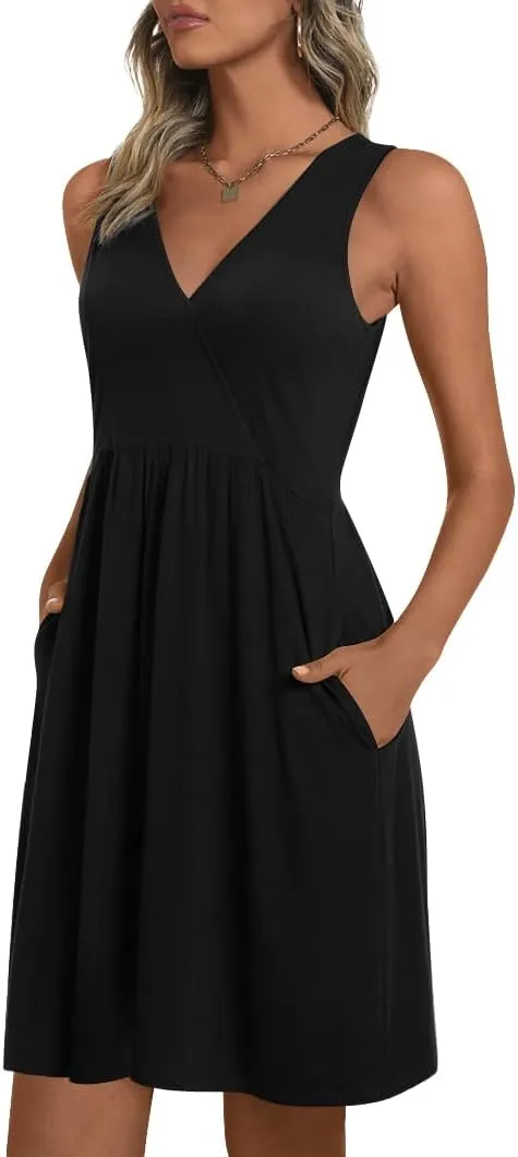 CATHY 2025 Womens Sexy Wrap Dress Sleeveless Summer V Neck Cover Ups Dresses Casual Sundress with Pockets S-2XL