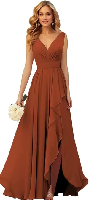 Chiffon Bridesmaid Dresses Burnt Orange Formal Dress with Slit V-Neck Ruffle Long Evening Gown for Women Size 16