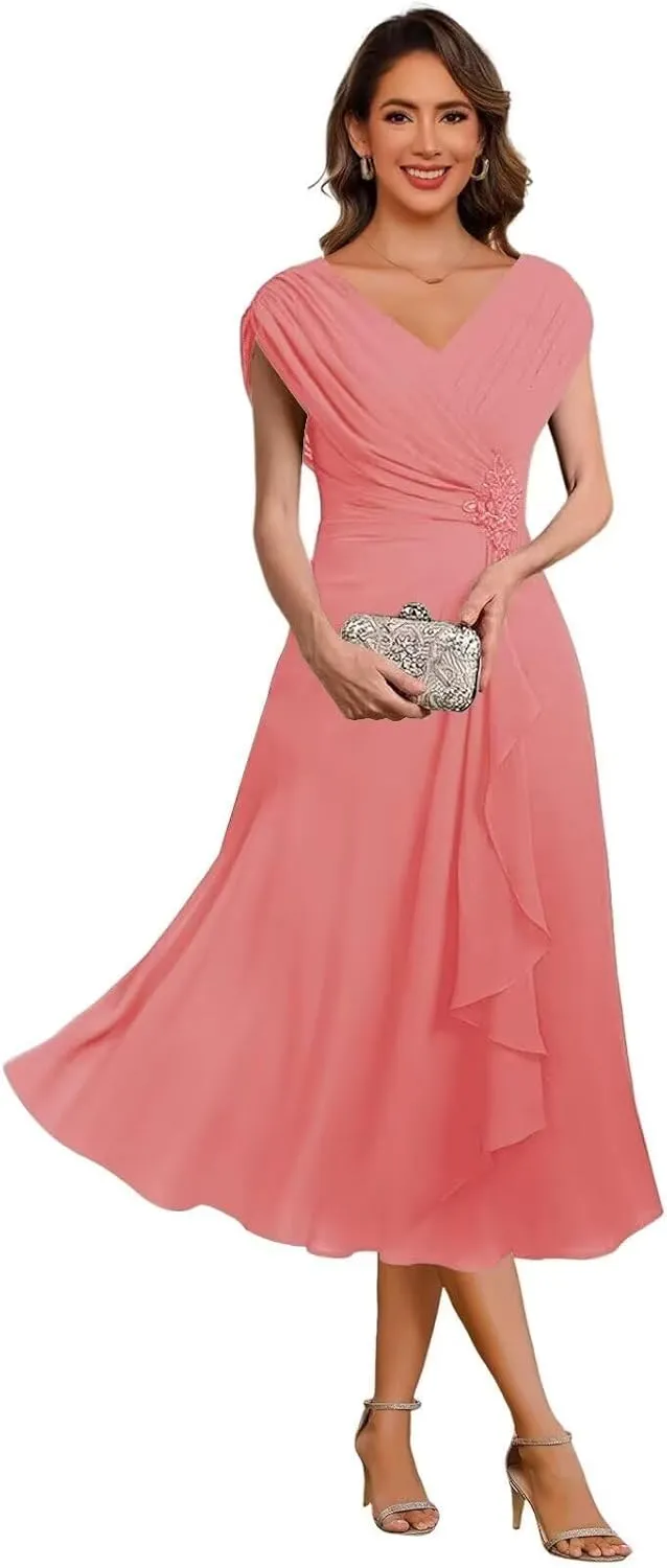 Chiffon Mother of The Bride Dress Cap Sleeves Pleated Tea Length Formal Evening Dresses for Wedding JH014