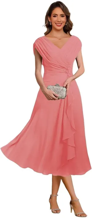 Chiffon Mother of The Bride Dress Cap Sleeves Pleated Tea Length Formal Evening Dresses for Wedding JH014