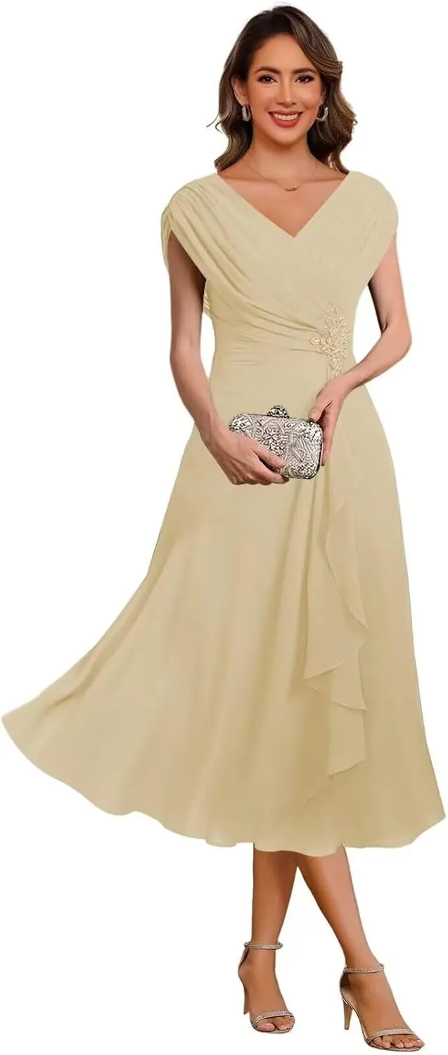 Chiffon Mother of The Bride Dress Cap Sleeves Pleated Tea Length Formal Evening Dresses for Wedding JH014