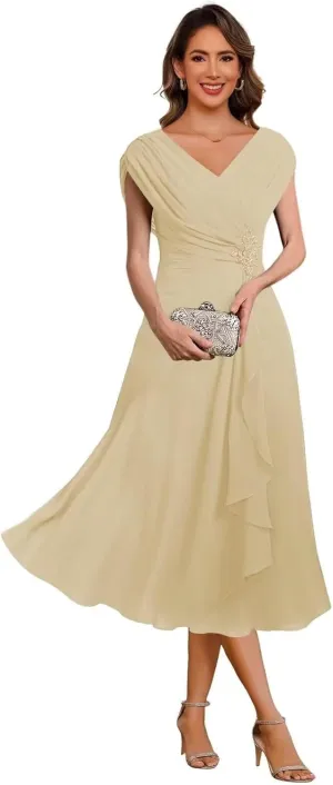 Chiffon Mother of The Bride Dress Cap Sleeves Pleated Tea Length Formal Evening Dresses for Wedding JH014