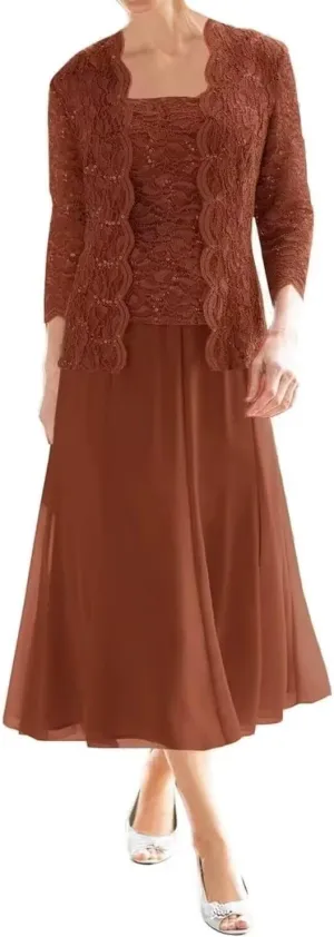 Chiffon Mother of The Bride Dresses 3/4 Sleeve Formal Evening Party Gown with Jacket Laces Appliques Wedding Guest Dress