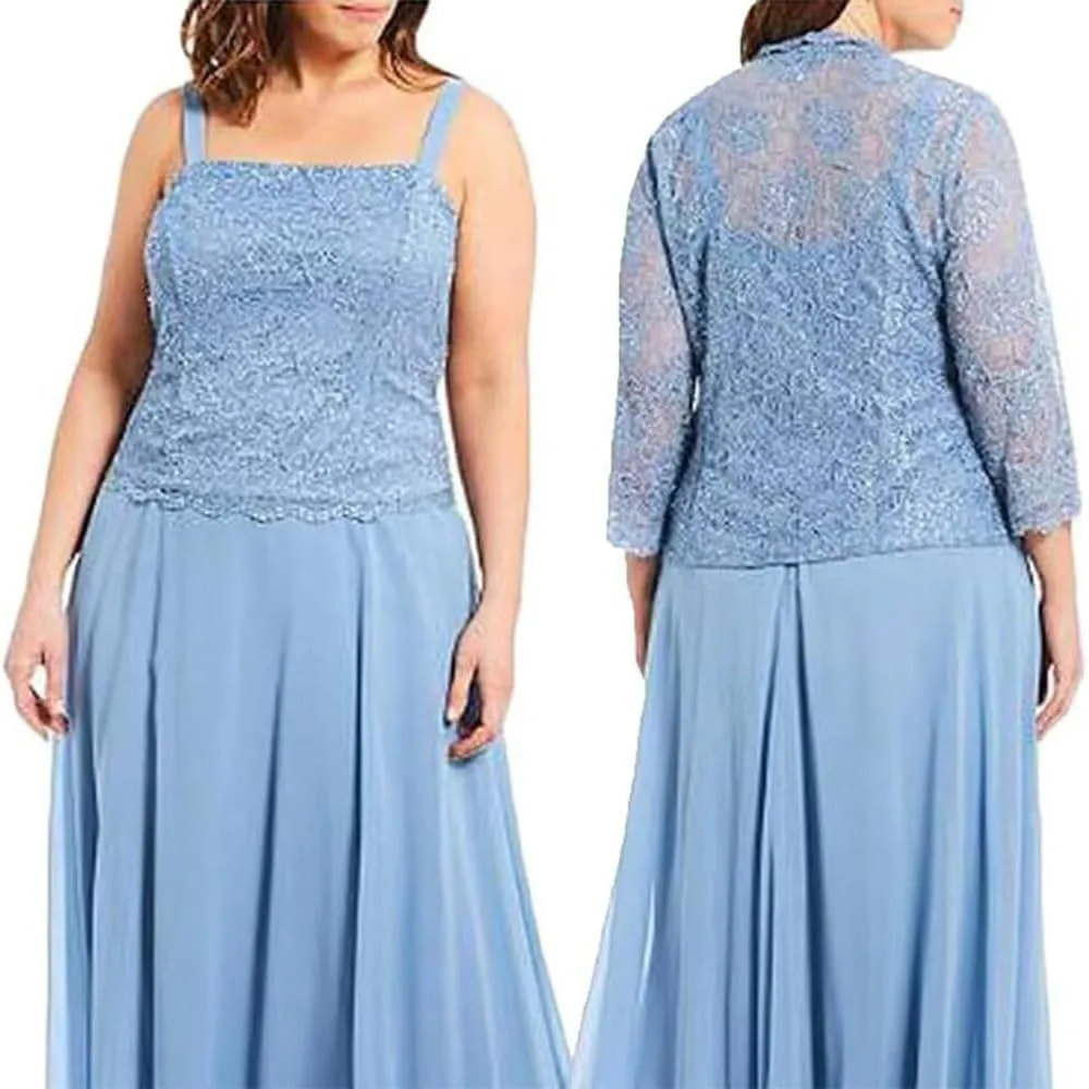 Chiffon Mother of The Bride Dresses 3/4 Sleeve Formal Evening Party Gown with Jacket Laces Appliques Wedding Guest Dress