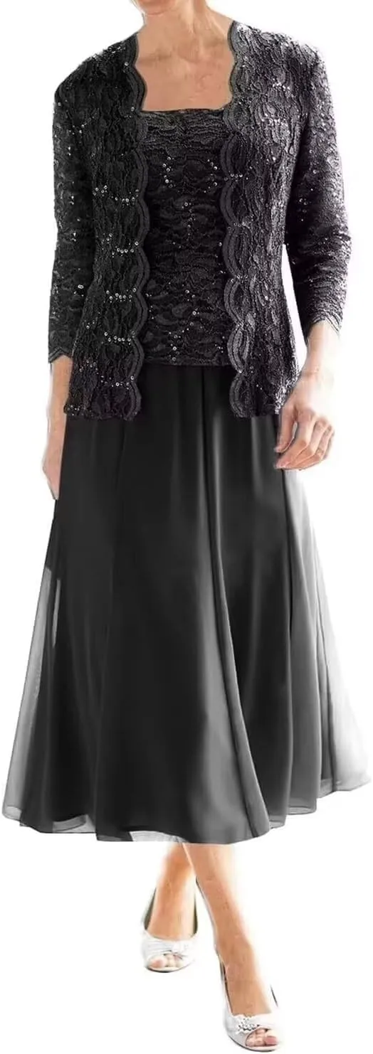 Chiffon Mother of The Bride Dresses 3/4 Sleeve Formal Evening Party Gown with Jacket Laces Appliques Wedding Guest Dress