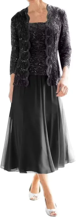 Chiffon Mother of The Bride Dresses 3/4 Sleeve Formal Evening Party Gown with Jacket Laces Appliques Wedding Guest Dress