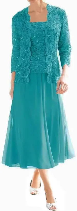 Chiffon Mother of The Bride Dresses 3/4 Sleeve Formal Evening Party Gown with Jacket Laces Appliques Wedding Guest Dress