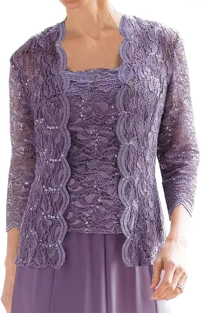 Chiffon Mother of The Bride Dresses 3/4 Sleeve Formal Evening Party Gown with Jacket Laces Appliques Wedding Guest Dress