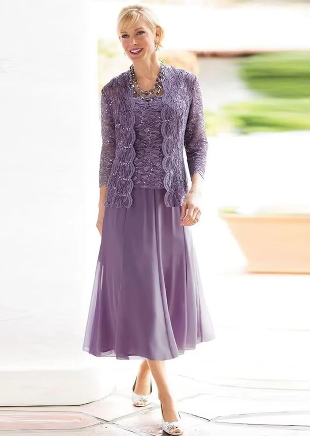 Chiffon Mother of The Bride Dresses 3/4 Sleeve Formal Evening Party Gown with Jacket Laces Appliques Wedding Guest Dress