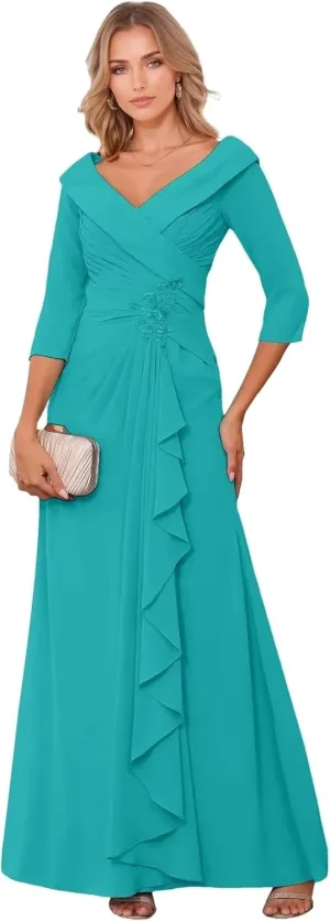 Chiffon Mother of The Bride Dresses for Wedding V Neck Formal Gowns and Evening Dresses Ruffle Wedding Guest Dress