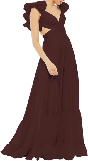 Chiffon Ruffle Prom Dresses for Women V Neck Long Bridesmaid Dresses Backless Formal Evening Gowns A Line