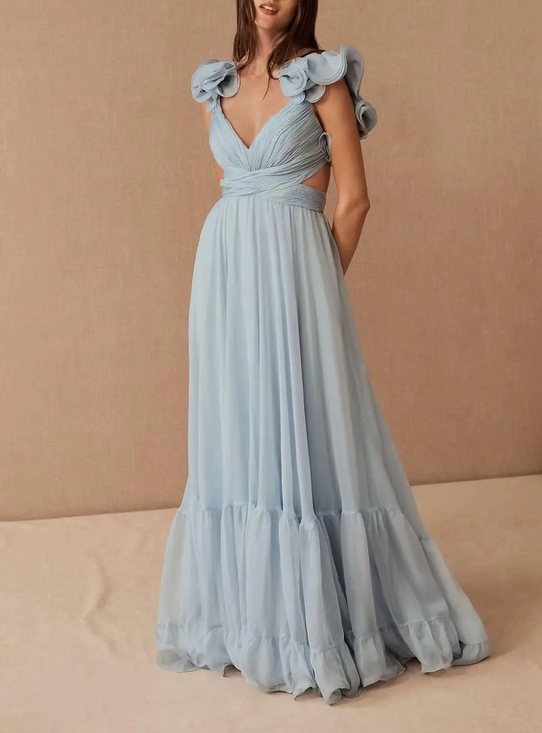 Chiffon Ruffle Prom Dresses for Women V Neck Long Bridesmaid Dresses Backless Formal Evening Gowns A Line