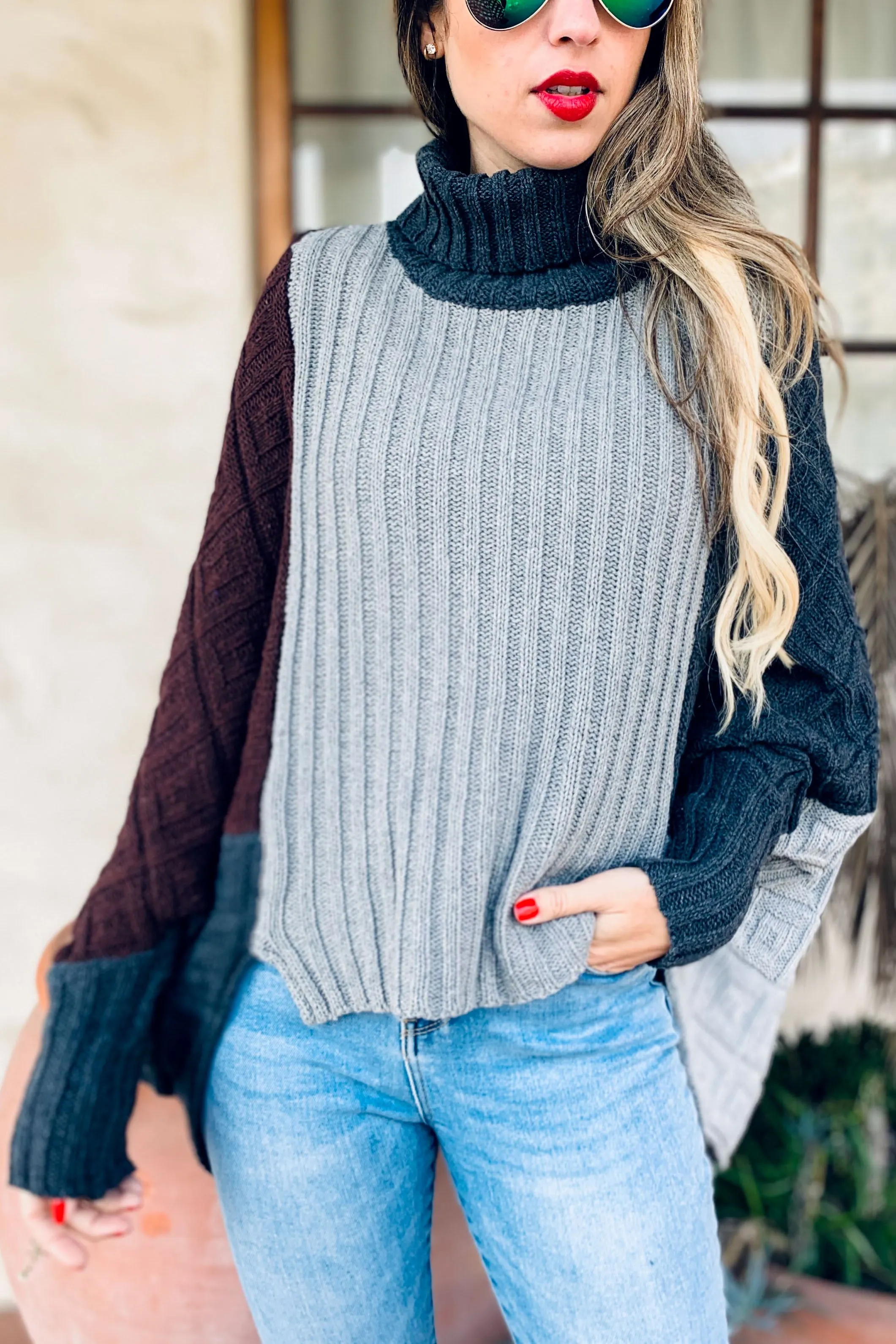 Color Block Dolman Sleeve Turtleneck Knit Sweater