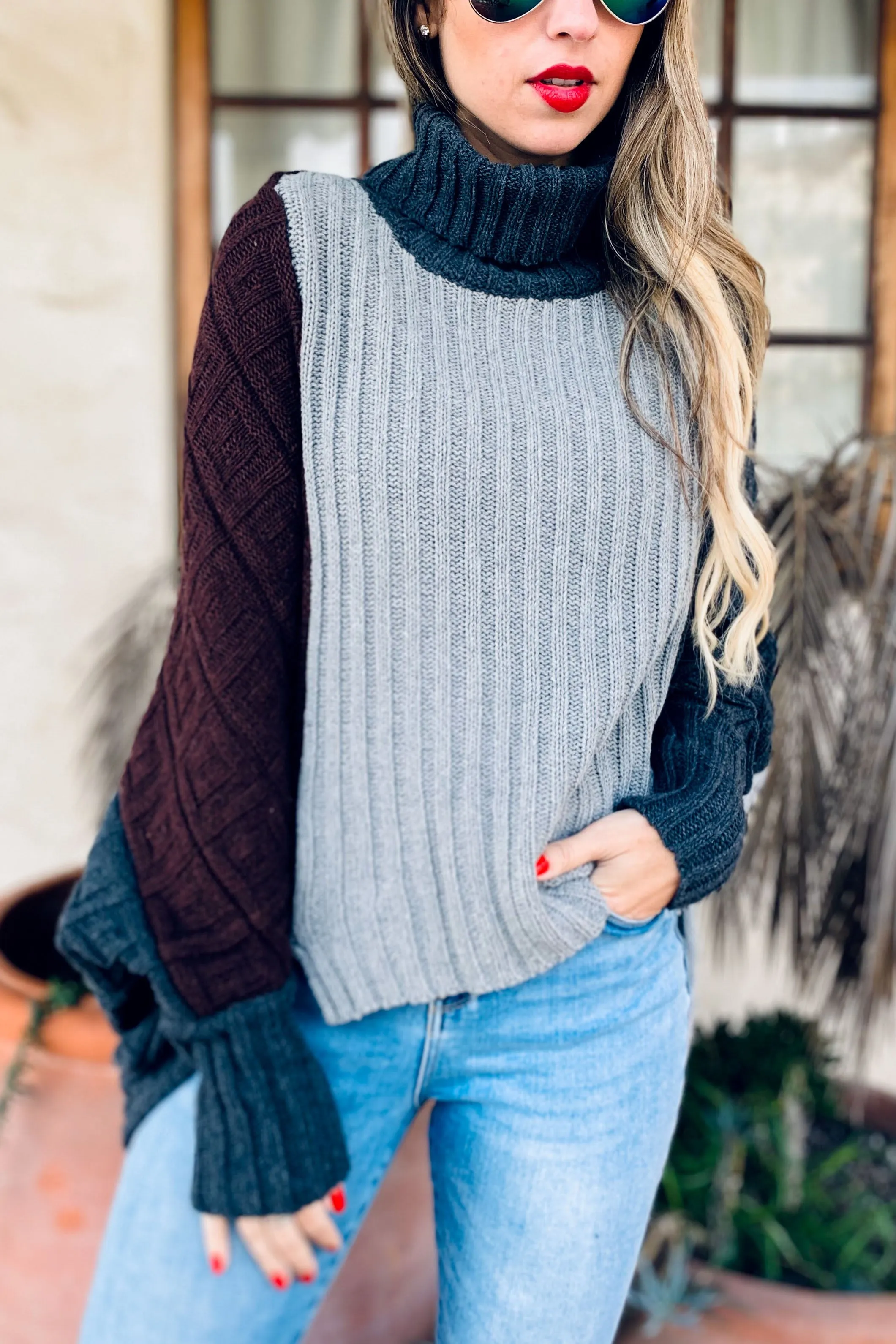 Color Block Dolman Sleeve Turtleneck Knit Sweater