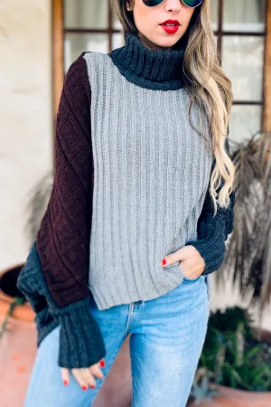 Color Block Dolman Sleeve Turtleneck Knit Sweater