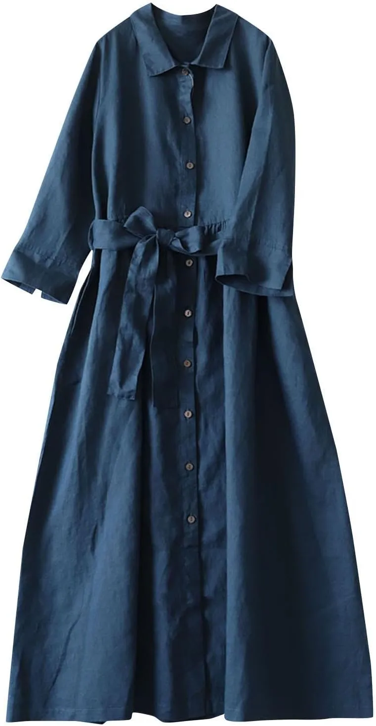Cotton Linen Maxi Dress for Women Long Sleeve Lapel Lace Up Button Down Shirt Dresses Vacation Lounge Work Clothing