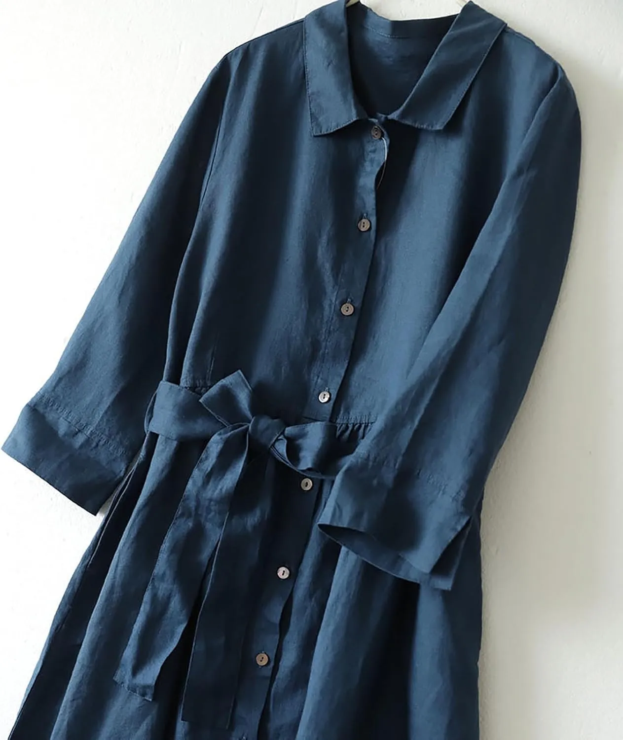 Cotton Linen Maxi Dress for Women Long Sleeve Lapel Lace Up Button Down Shirt Dresses Vacation Lounge Work Clothing
