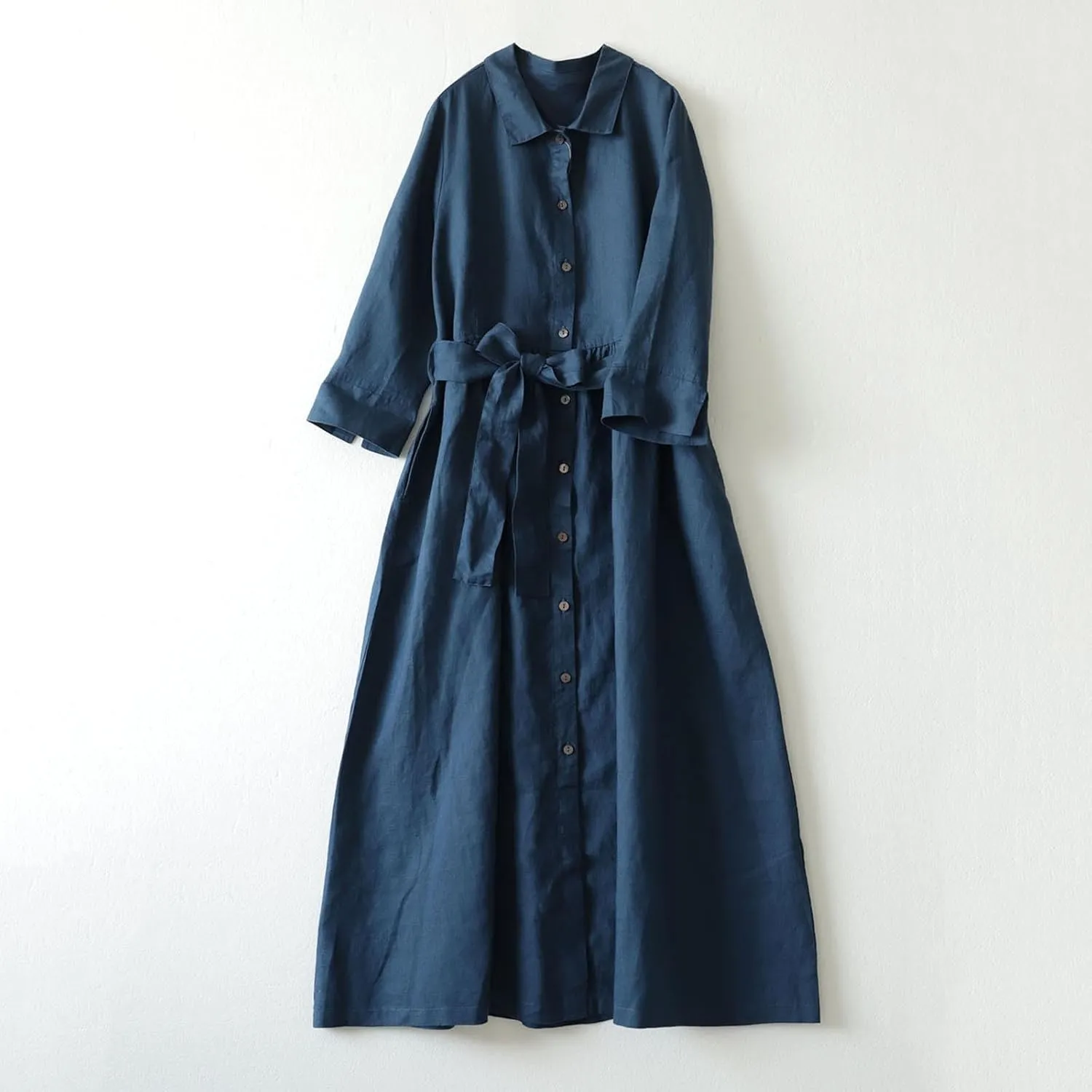 Cotton Linen Maxi Dress for Women Long Sleeve Lapel Lace Up Button Down Shirt Dresses Vacation Lounge Work Clothing