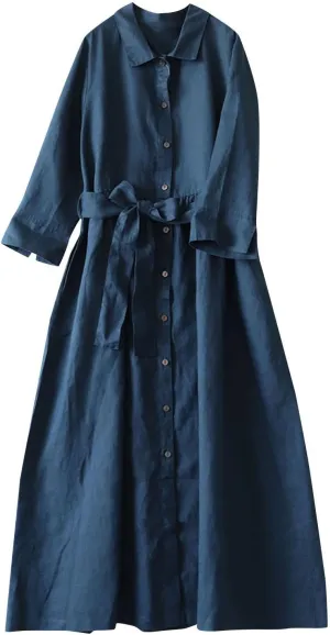 Cotton Linen Maxi Dress for Women Long Sleeve Lapel Lace Up Button Down Shirt Dresses Vacation Lounge Work Clothing