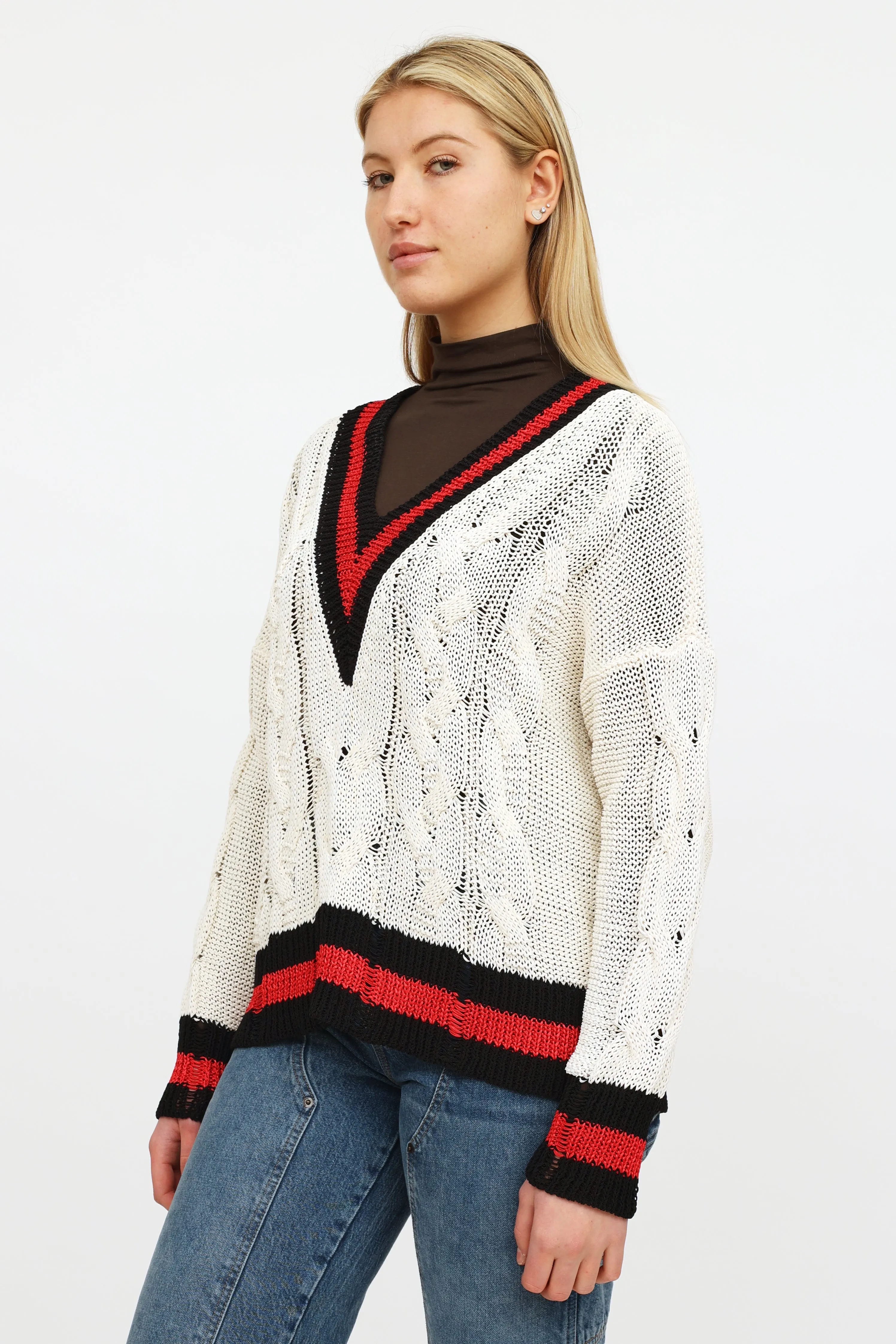Cream Red & Navy Knit Sweater