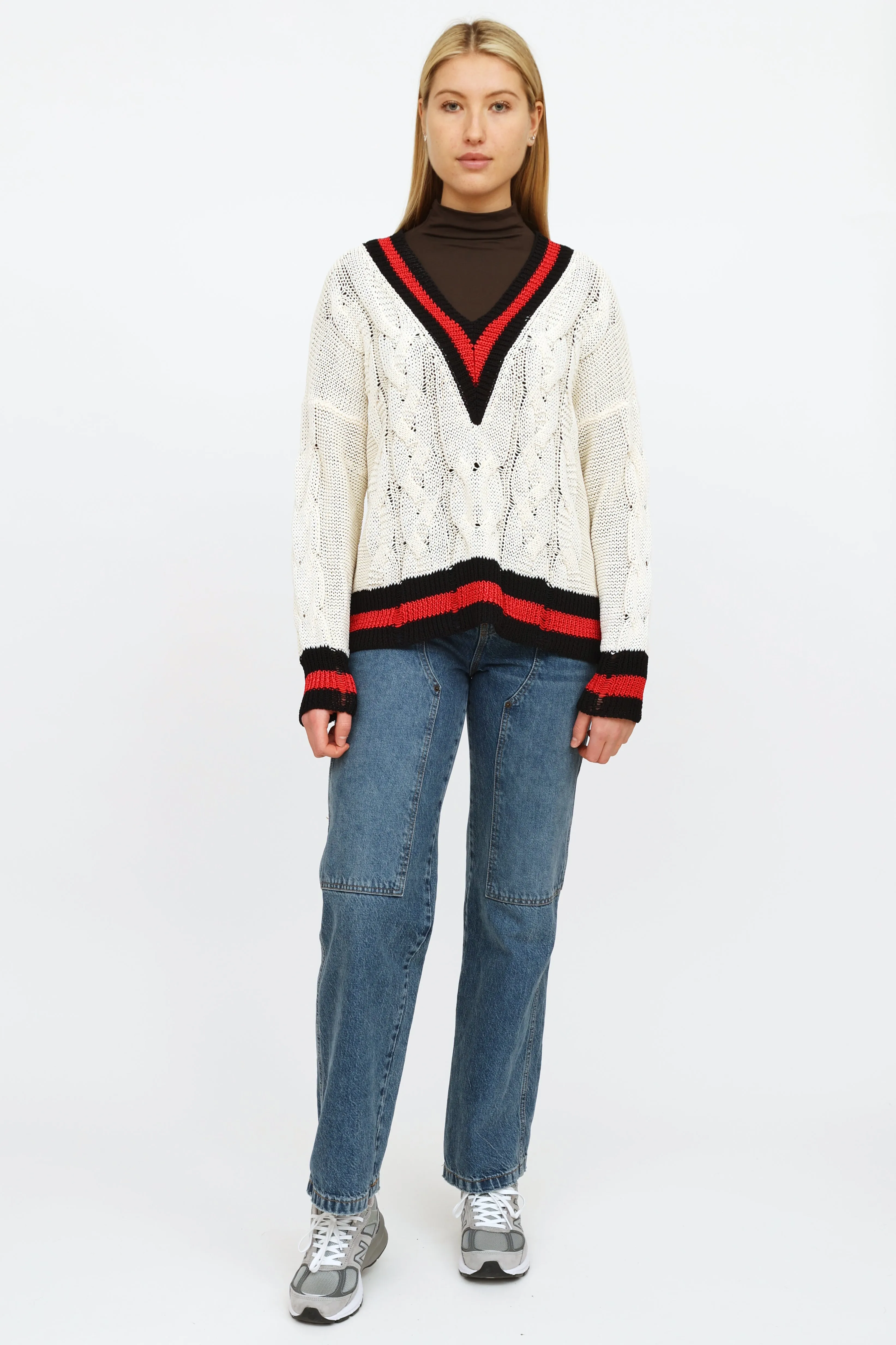 Cream Red & Navy Knit Sweater