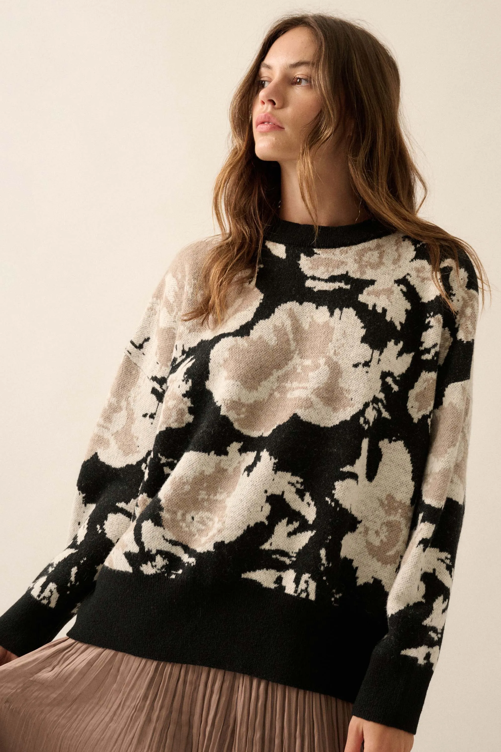 Cuddly Blossoms Oversize Floral Jacquard Sweater
