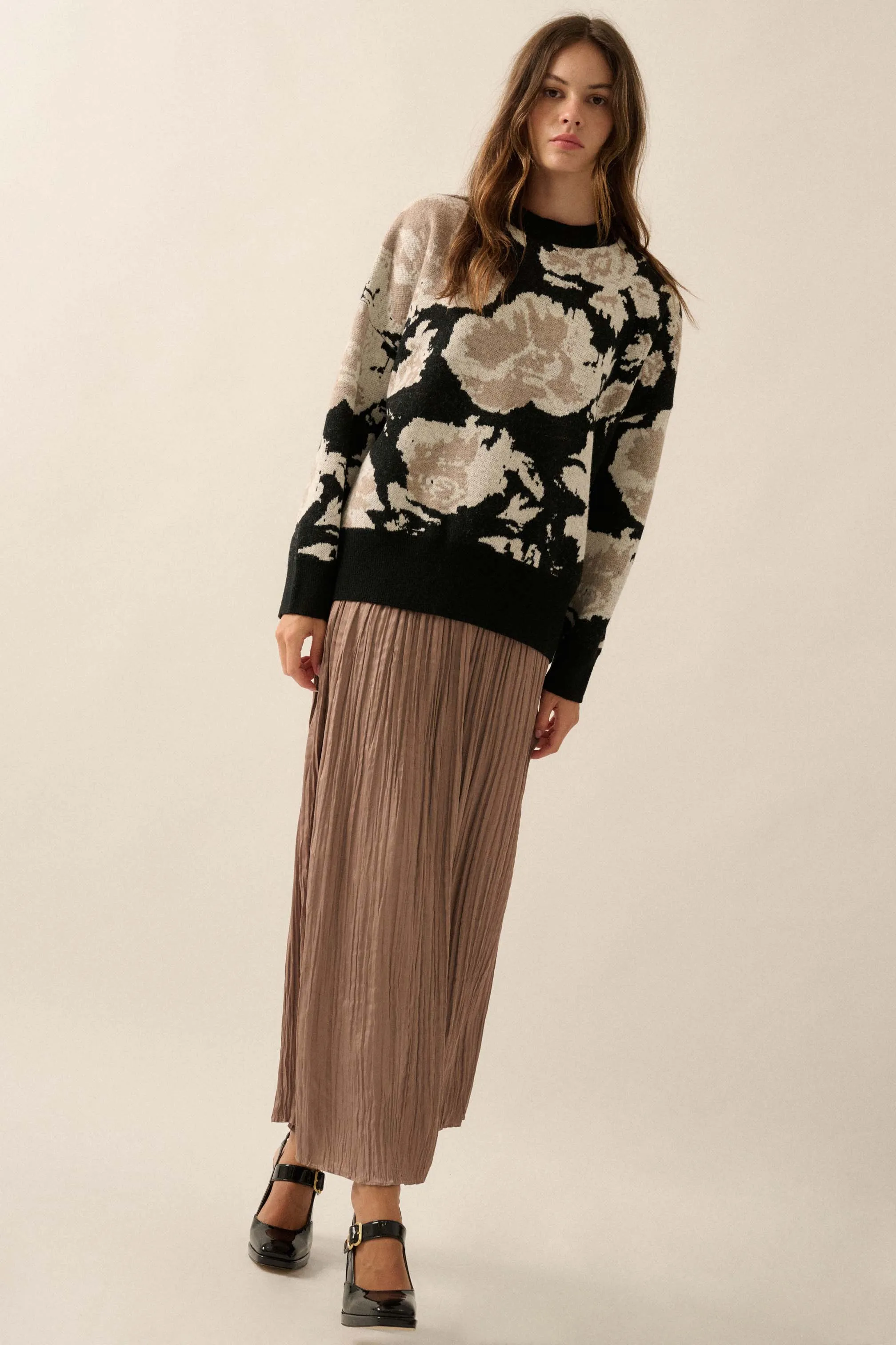 Cuddly Blossoms Oversize Floral Jacquard Sweater