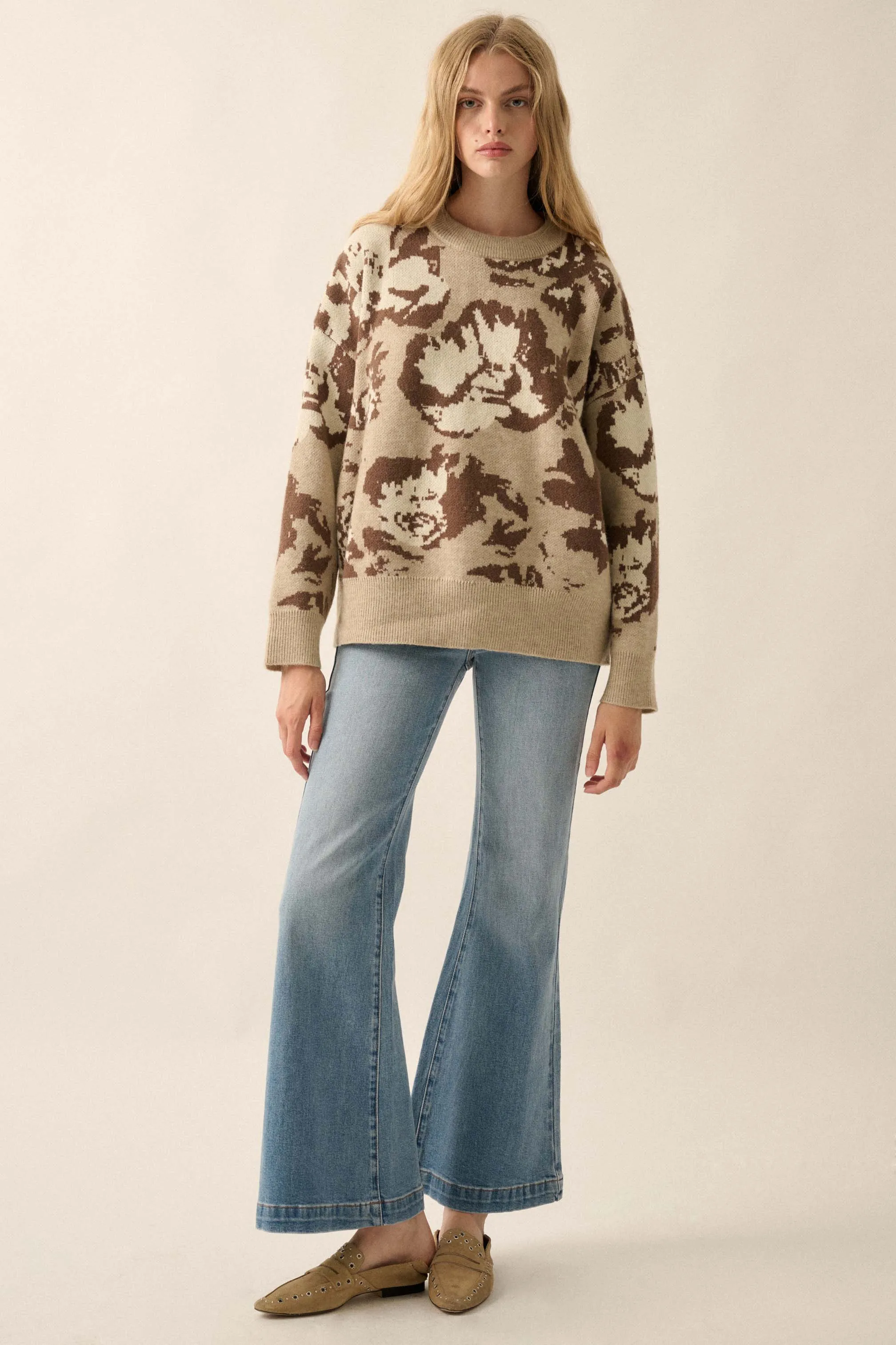 Cuddly Blossoms Oversize Floral Jacquard Sweater