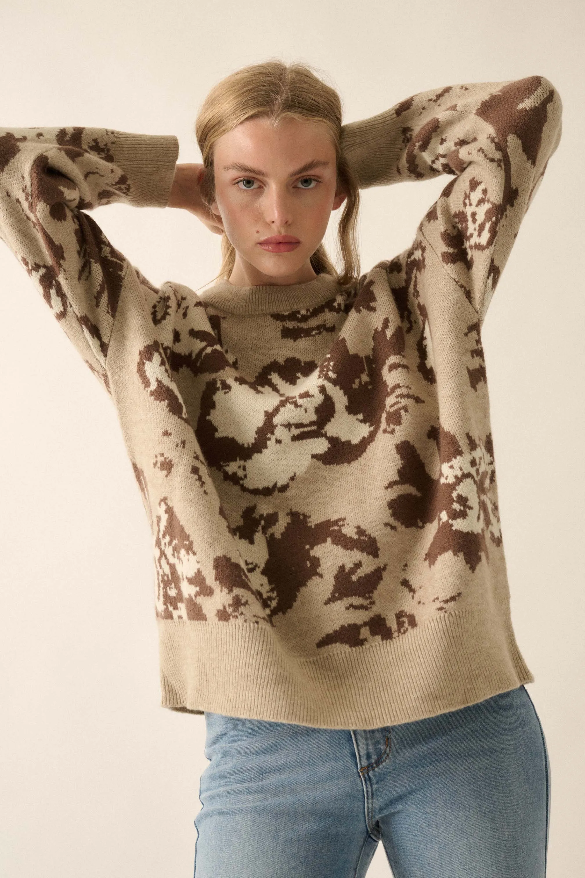 Cuddly Blossoms Oversize Floral Jacquard Sweater