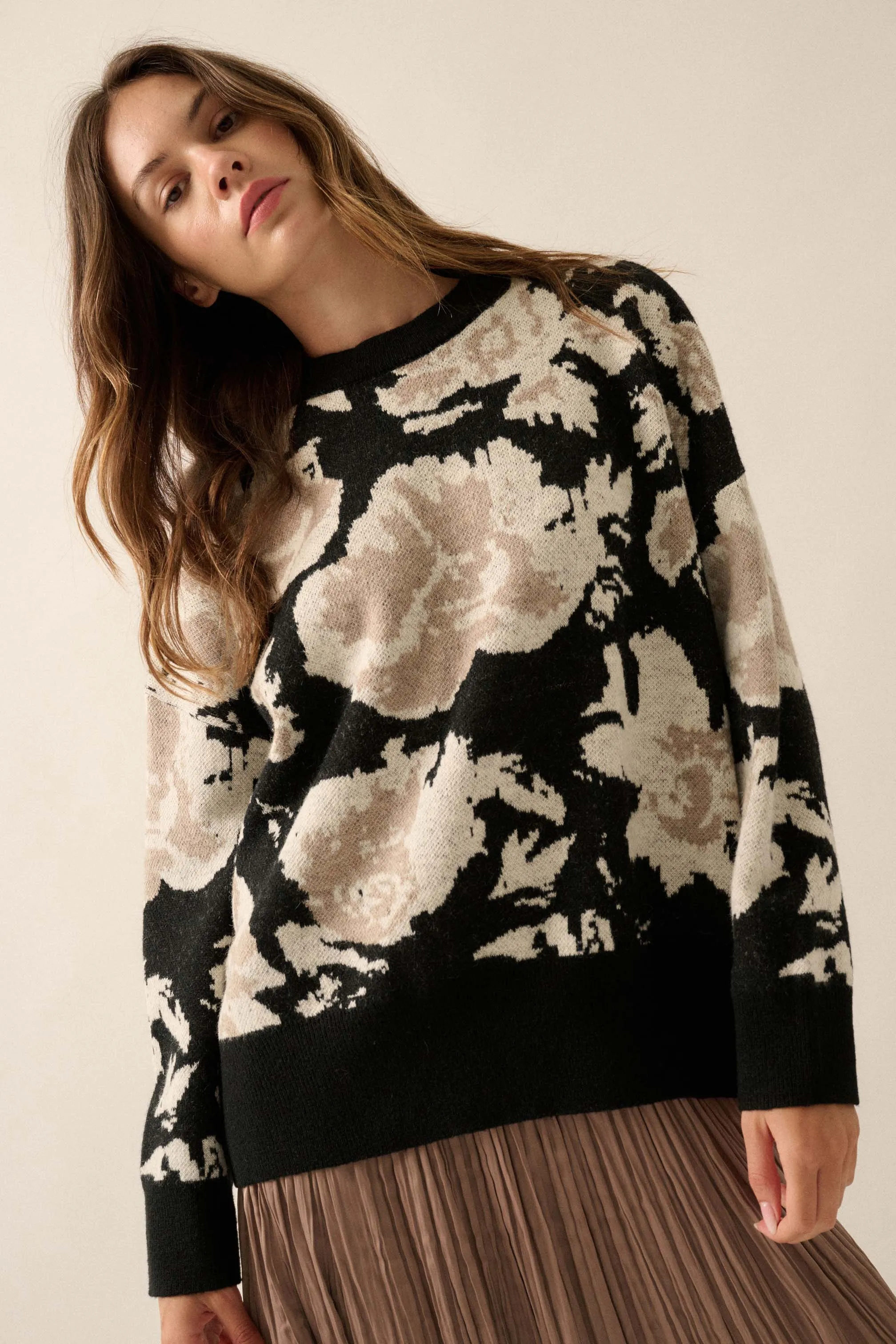 Cuddly Blossoms Oversize Floral Jacquard Sweater