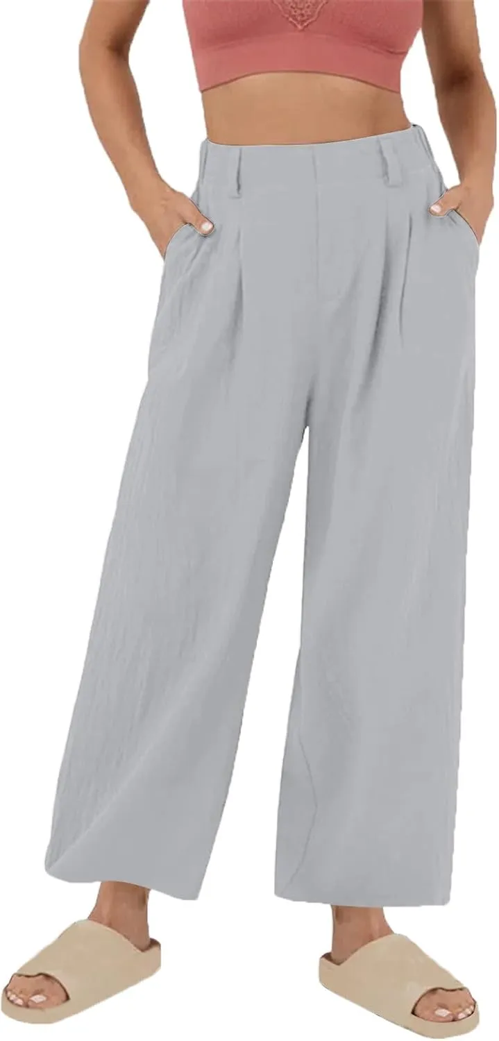 DASAYO Linen Pants for Women Dressy Casual High Waisted Cropped Palazzo Ladies Wide Leg Trousers with Pockets Summer Clothes