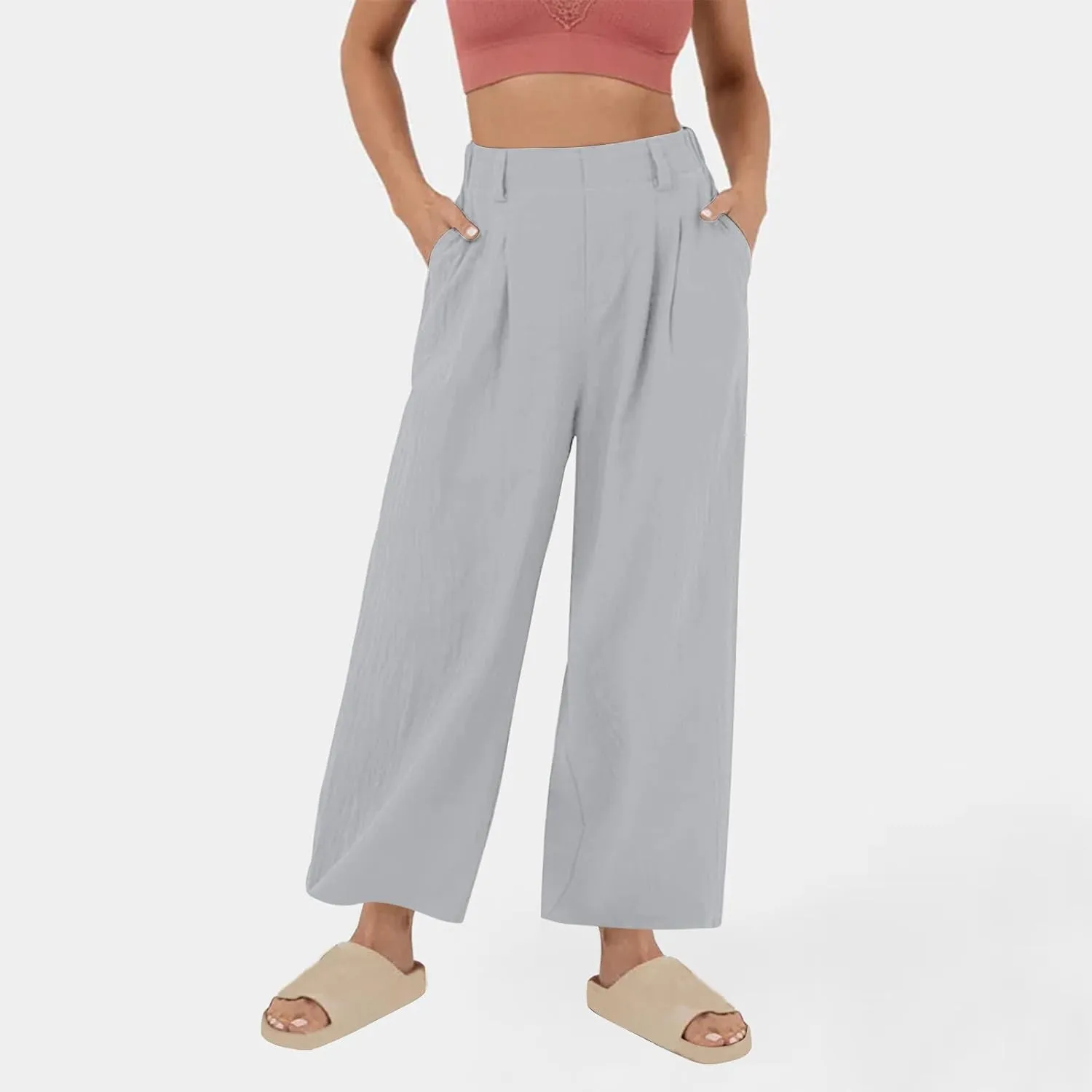 DASAYO Linen Pants for Women Dressy Casual High Waisted Cropped Palazzo Ladies Wide Leg Trousers with Pockets Summer Clothes
