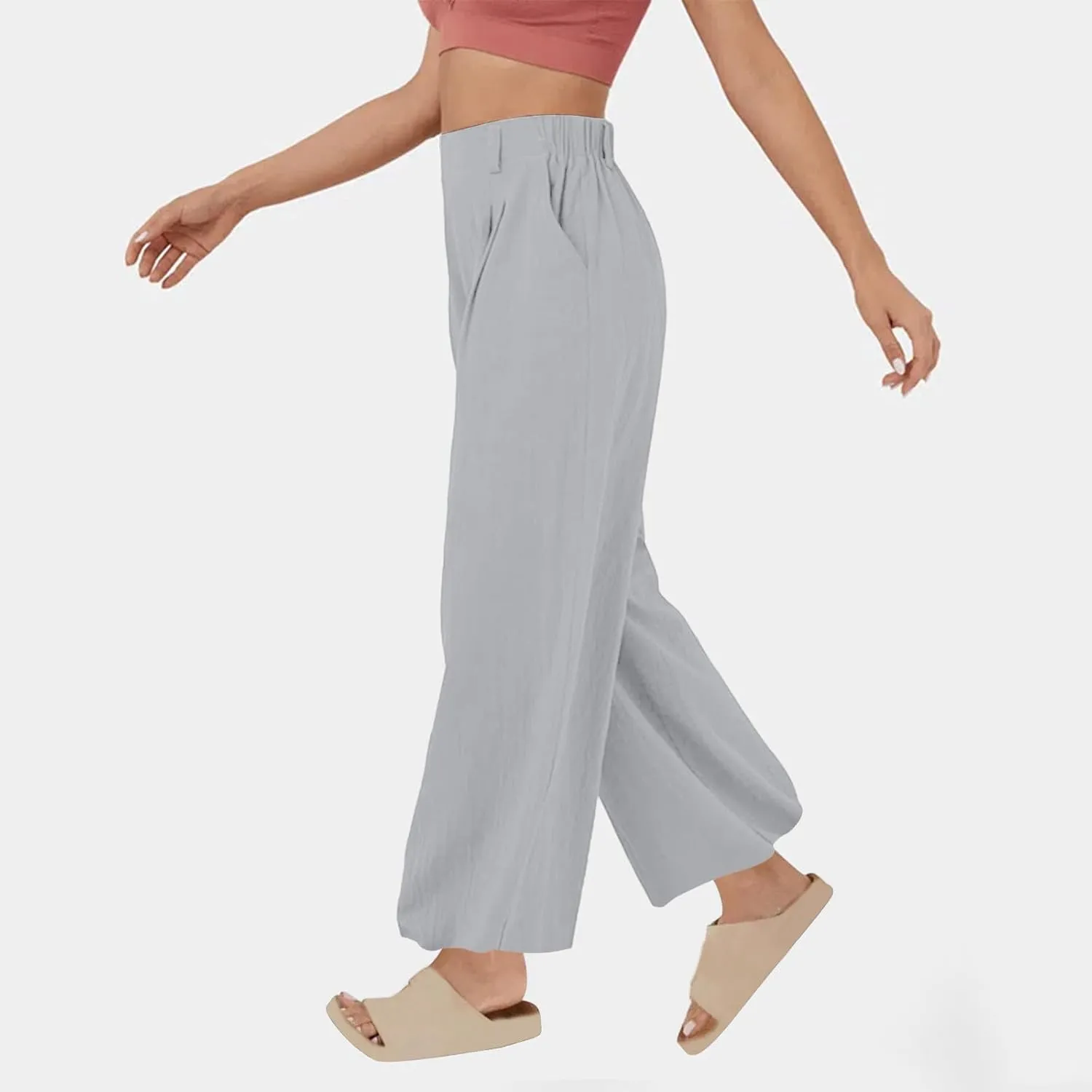DASAYO Linen Pants for Women Dressy Casual High Waisted Cropped Palazzo Ladies Wide Leg Trousers with Pockets Summer Clothes