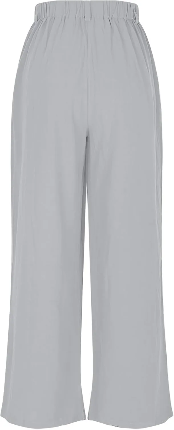 DASAYO Linen Pants for Women Dressy Casual High Waisted Cropped Palazzo Ladies Wide Leg Trousers with Pockets Summer Clothes