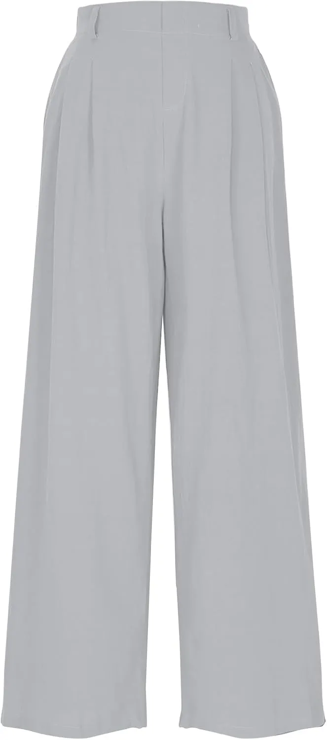DASAYO Linen Pants for Women Dressy Casual High Waisted Cropped Palazzo Ladies Wide Leg Trousers with Pockets Summer Clothes