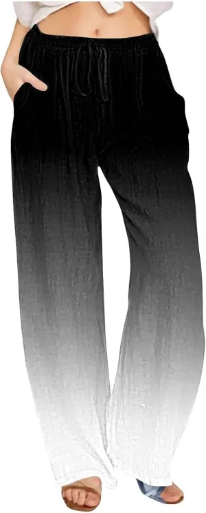 DASAYO Linen Pants for Women Summer Drawstringg Elastic Waist Gradient Palazzo with Pockets Ladies Casual Wide Leg Trousers