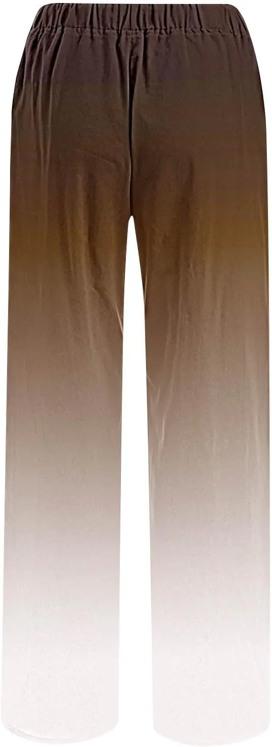 DASAYO Linen Pants for Women Summer Drawstringg Elastic Waist Gradient Palazzo with Pockets Ladies Casual Wide Leg Trousers