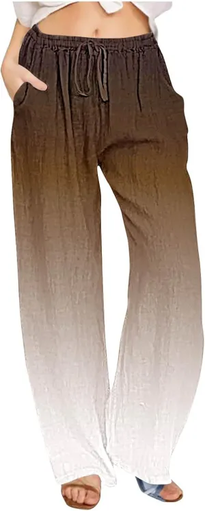 DASAYO Linen Pants for Women Summer Drawstringg Elastic Waist Gradient Palazzo with Pockets Ladies Casual Wide Leg Trousers