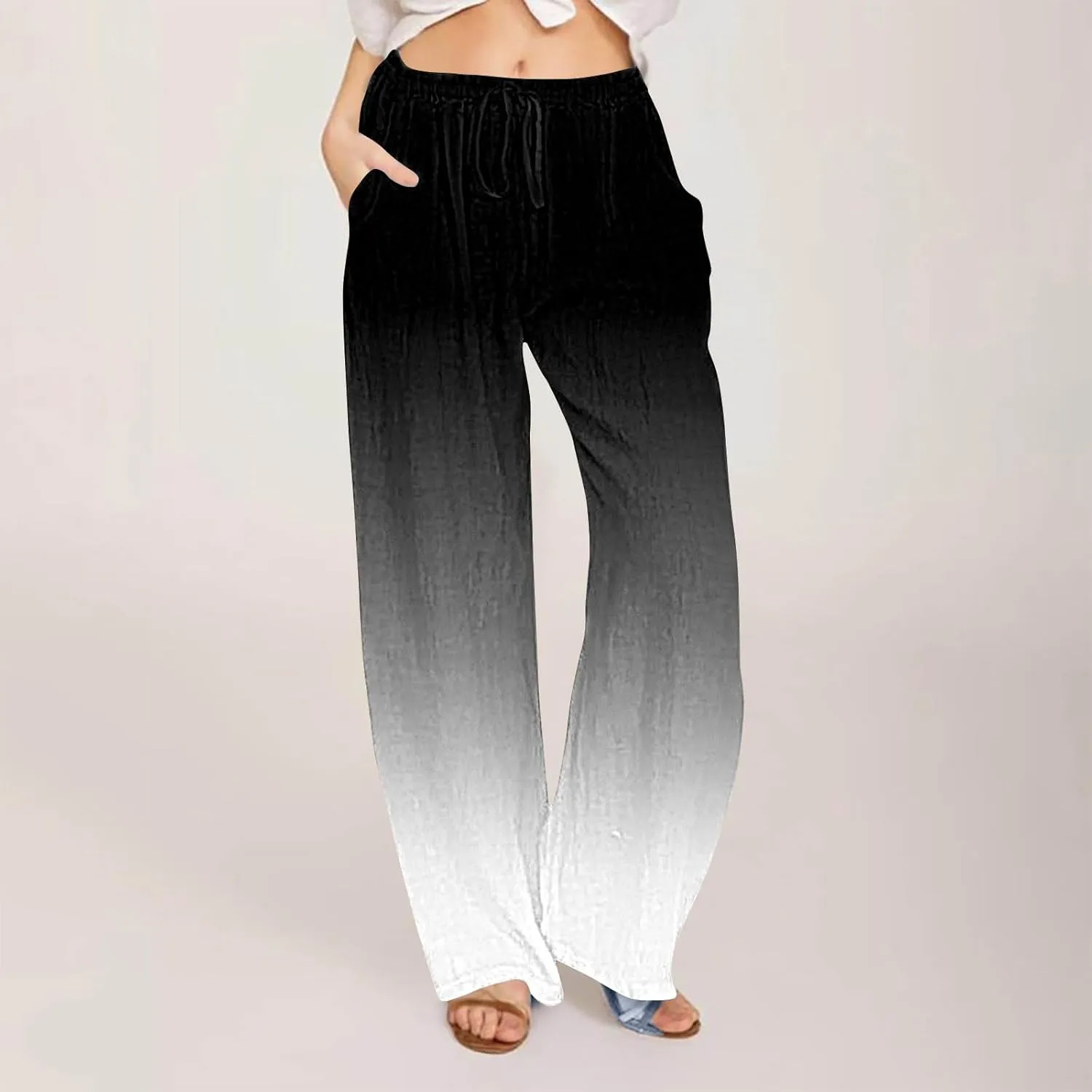 DASAYO Linen Pants for Women Summer Drawstringg Elastic Waist Gradient Palazzo with Pockets Ladies Casual Wide Leg Trousers