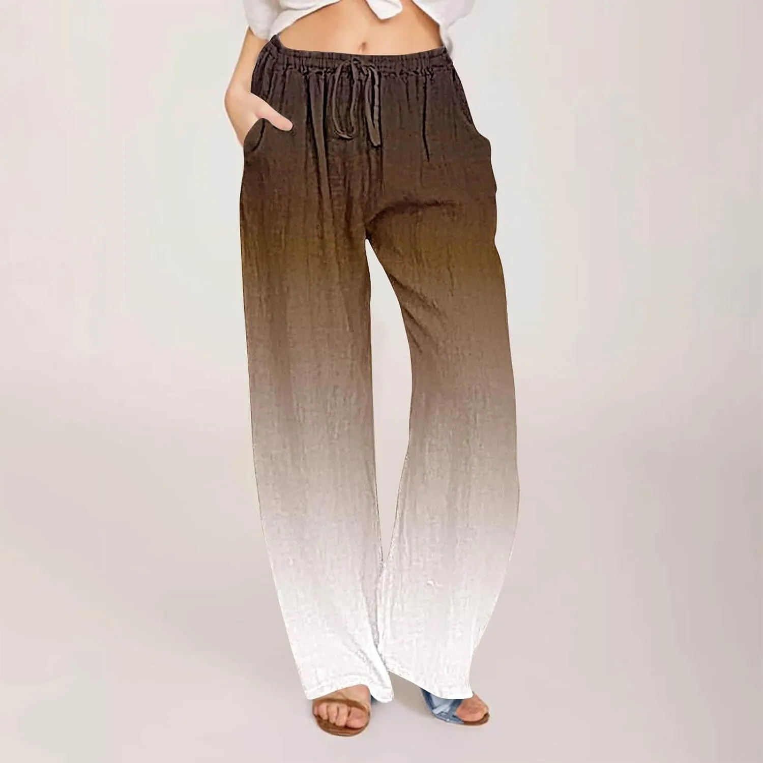 DASAYO Linen Pants for Women Summer Drawstringg Elastic Waist Gradient Palazzo with Pockets Ladies Casual Wide Leg Trousers