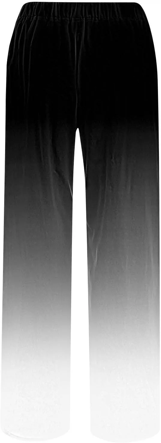 DASAYO Linen Pants for Women Summer Drawstringg Elastic Waist Gradient Palazzo with Pockets Ladies Casual Wide Leg Trousers