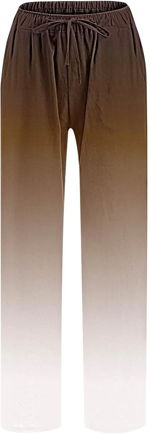 DASAYO Linen Pants for Women Summer Drawstringg Elastic Waist Gradient Palazzo with Pockets Ladies Casual Wide Leg Trousers
