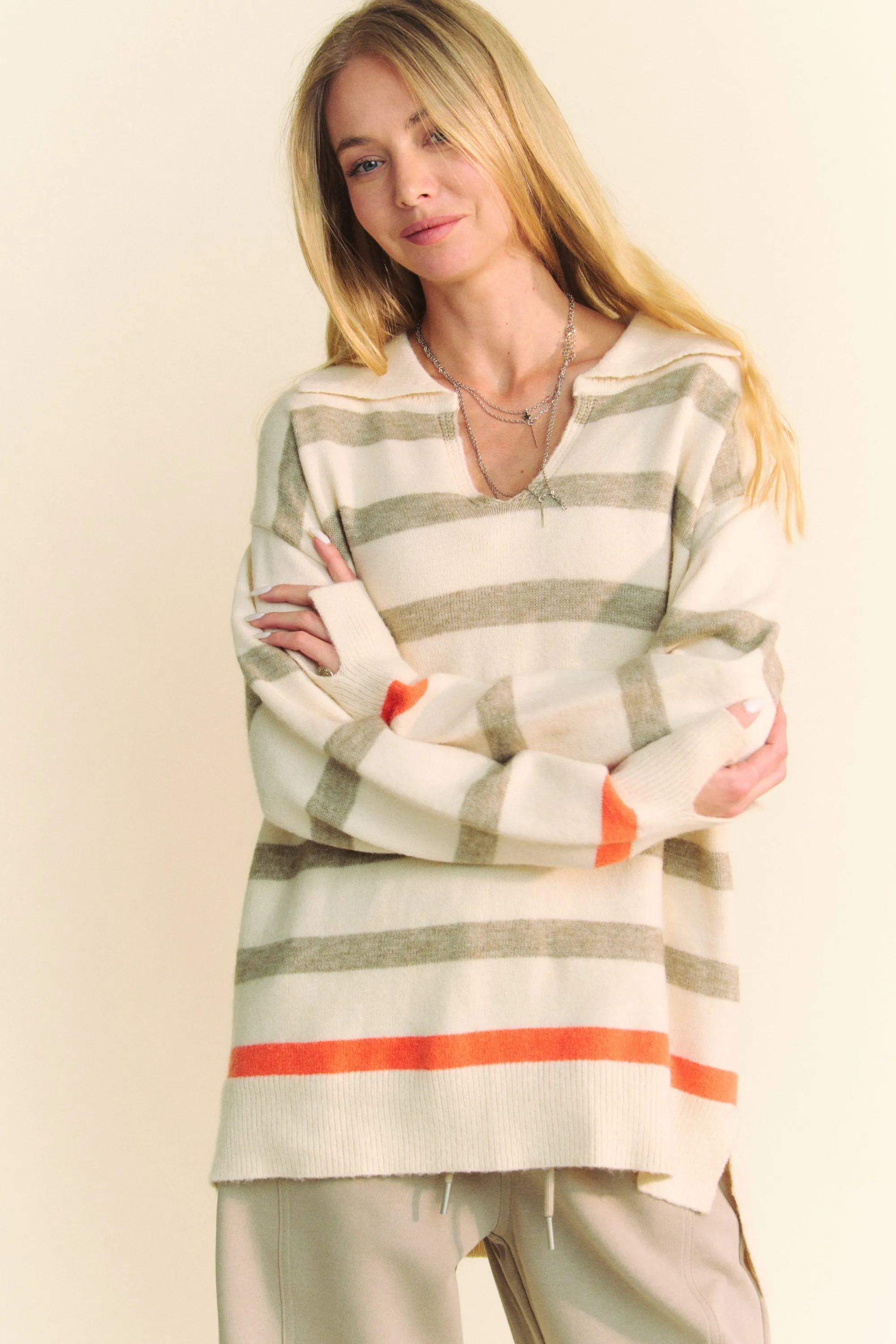 Davi & Dani Striped Loose Fit Collared Sweater in Cream Beige