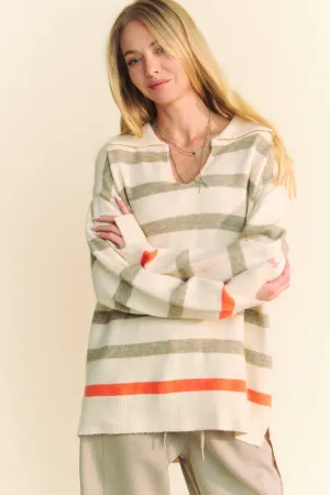 Davi & Dani Striped Loose Fit Collared Sweater in Cream Beige