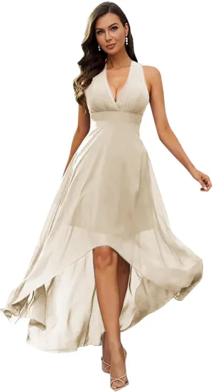 Deep V-Neck Bridesmaid Dresses for Wedding Short Chiffon High Low A Line Formal Prom Gown