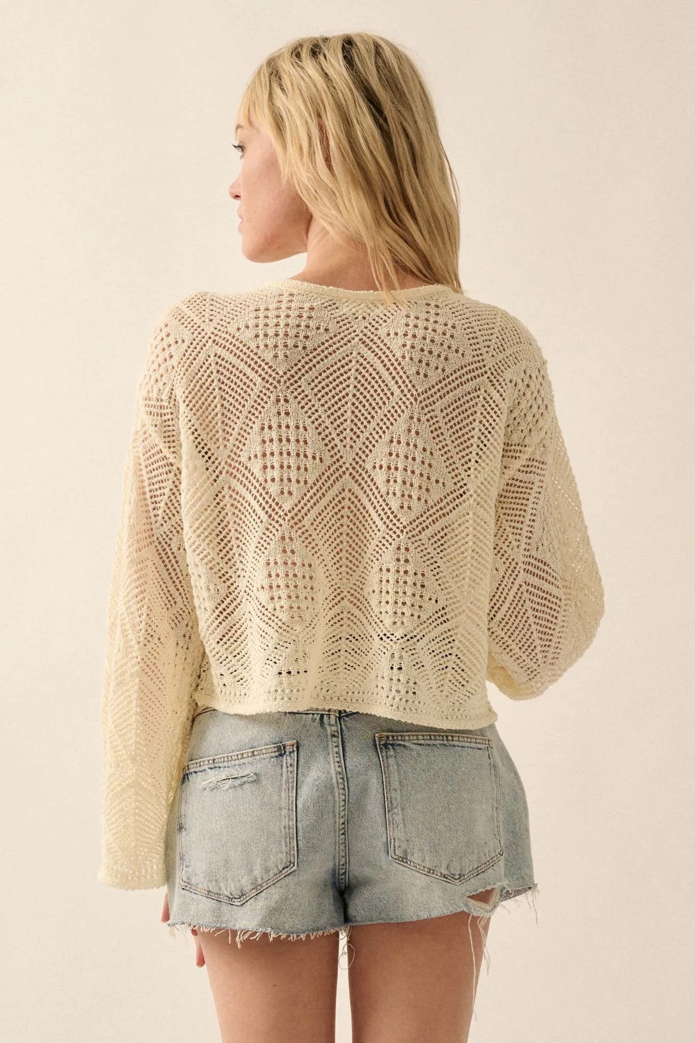 Diamond Doll Geometric Crochet Pointelle Sweater