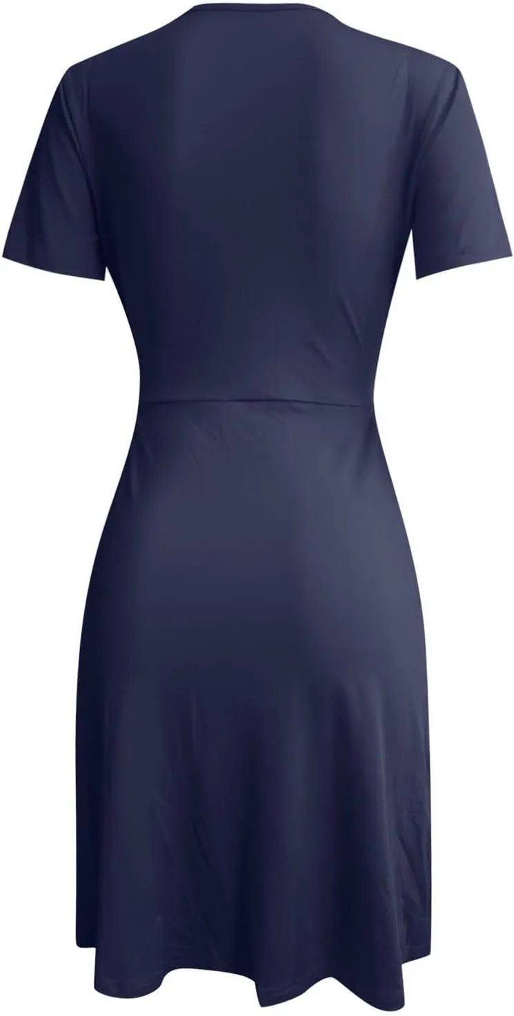 Dresses for Women 2025 Summer Short Sleeve V Neck Midi Dress Empire Waist Casual Loose Fit Vacation A Line Dress